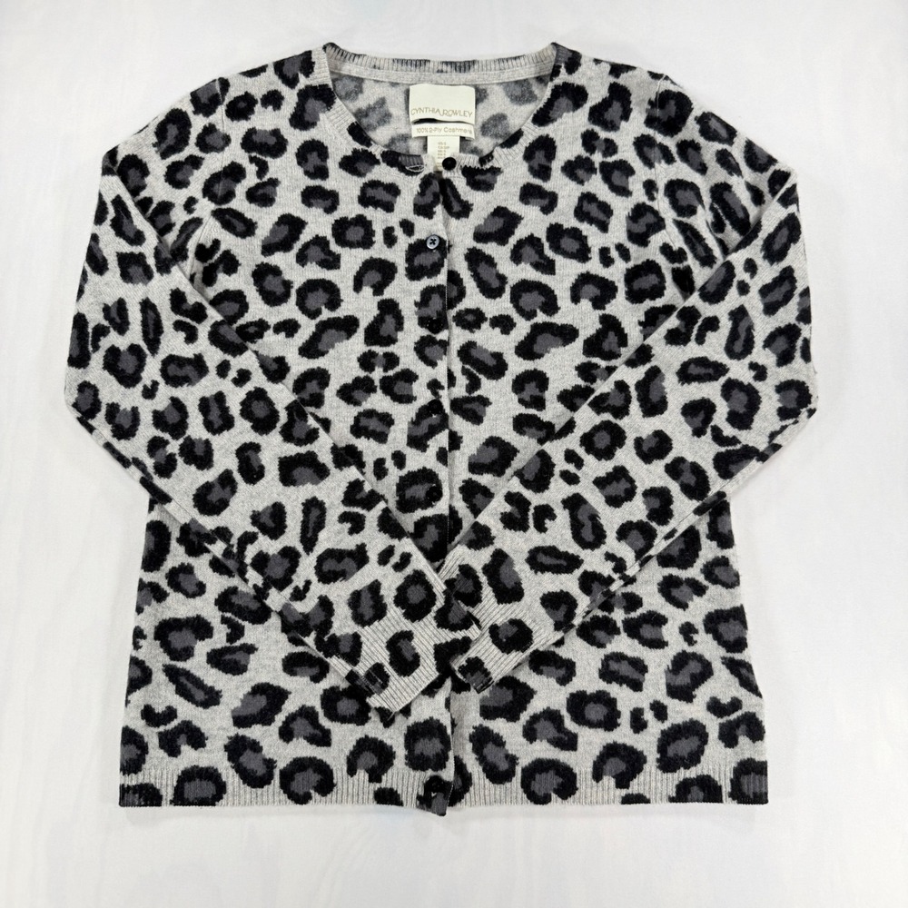 Cynthia Rowley Cardigan Women S Gray Leopard 100% Cashmere Button Up Sweater